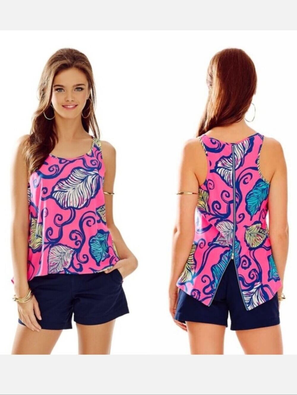 Lilly Pulitzer Aerial Silk Zipper Back Tank Top Sz XS
